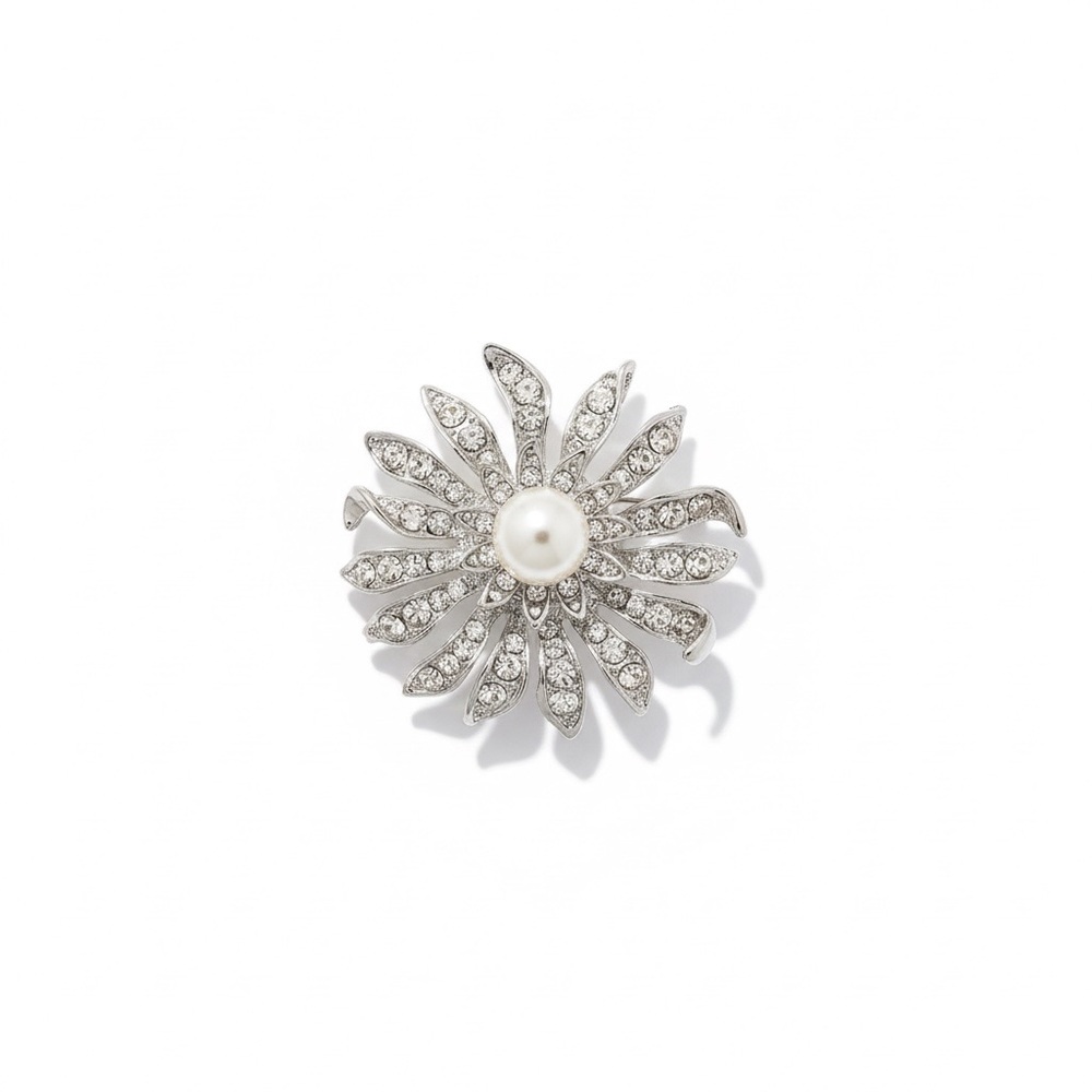 Ashley Stewart Faux Pearl & Rhinestone Flower Brooch Silver Tone Vintage Style